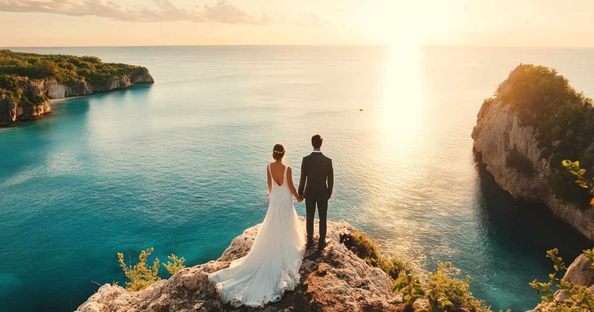 Newlyweds on cliff at sunset, overlooking blue ocean; woman in white dress, man in dark suit.