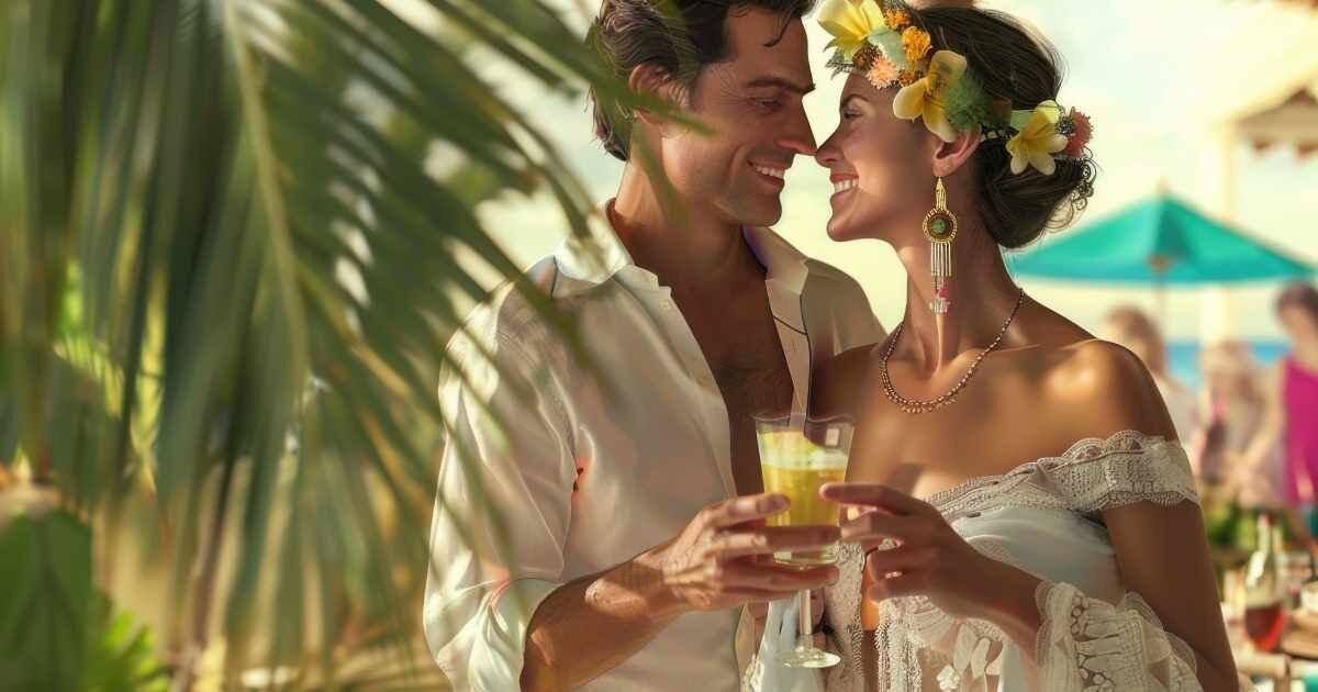 Smiling couple holding drinks, surrounded by tropical leaves; woman in lace dress with floral headpiece.