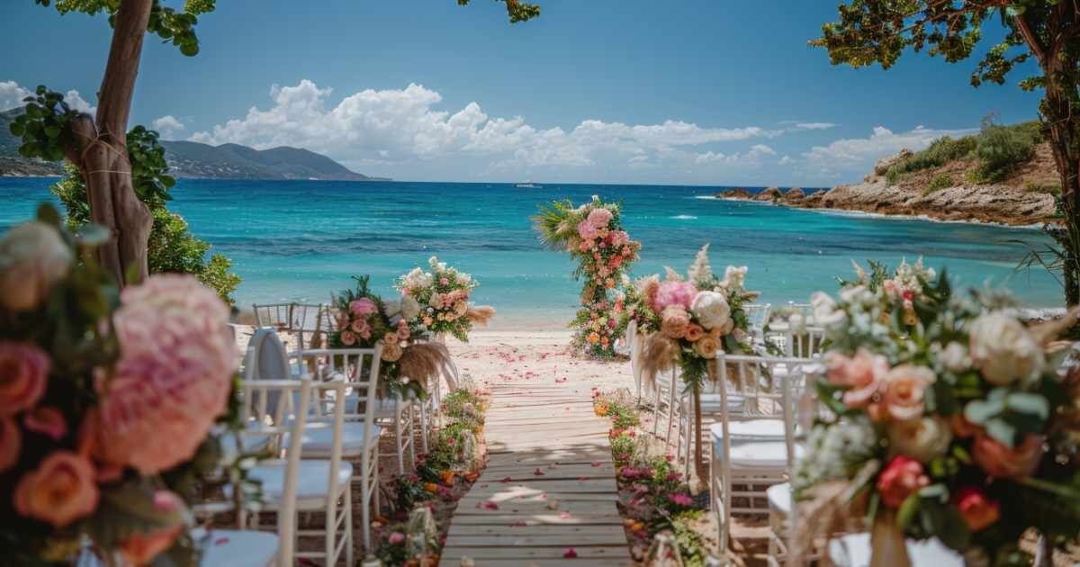 Beach wedding setup with floral archway, overlooking turquoise ocean and mountains.